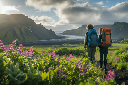 A couple of young hikers with heavy backpacks admiring scenic view of spectacular Icelandic nature. Breathtaking landscape of Iceland. Hiking by foot. Generative AI.の素材