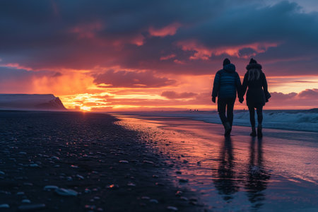A couple of young hikers with heavy backpacks admiring scenic view of spectacular Icelandic nature. Breathtaking landscape of Iceland. Hiking by foot. Generative AI.の素材