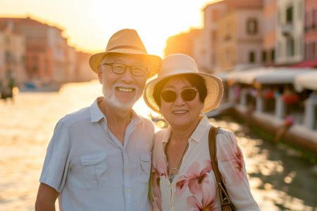 Beautiful Asian senior couple having fun while visiting small Italian town on sunny summer day. Elderly man and woman posing on city street. Generative AI.の素材