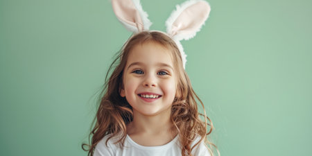 Funny happy child wearing bunny headband on light green background. Copy space. Generative AI.の素材