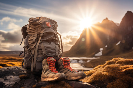 Backpack and leather ankle boots in rough Icelandic nature on sunny summer day. Hiking equipment. Generative AI.の素材