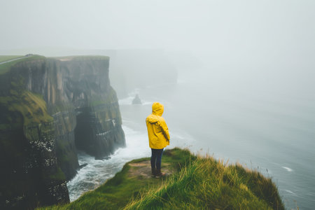 Young girl wearing raincoat standing on the edge of a cliff with huge waves rolling ashore. Rough foggy Irish weather. Beautiful nature of Ireland. Generative AI.の素材
