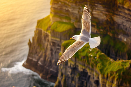 Seagulls flying above rough sea cliffs in scenic Irish landscape. Wild birds of west coast of Ireland, dramatic sunset. Generative AI.の素材