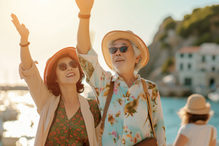 Beautiful Asian senior couple having fun while visiting small Italian town on sunny summer day. Elderly man and woman posing on city street. Generative AI.の素材