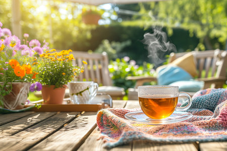 Clear cup of steaming tea on a table on cozy wooden terrace with rustic wooden furniture, soft colorful pillows and blankets, and flower pots. Charming sunny evening in summer garden. Generative AI.の素材