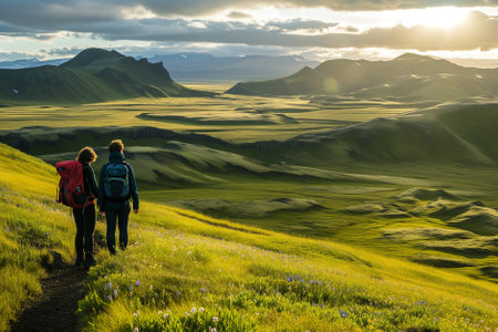 A couple of young hikers with heavy backpacks admiring scenic view of spectacular Icelandic nature. Breathtaking landscape of Iceland. Hiking by foot. Generative AI.の素材