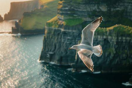 Seagulls flying above rough sea cliffs in scenic Irish landscape. Wild birds of west coast of Ireland, dramatic sunset. Generative AI.の素材