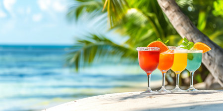 Fresh colorful exotic fruit cocktails on a backdrop of tropical beach. Banner with copy space, alcoholic beverages on palm trees and ocean background. Generative AI.の素材
