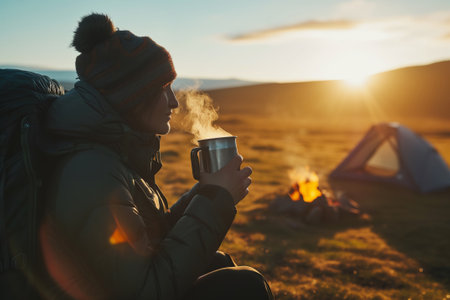 Young tourist holding metal enamel cup of hot steaming tea by an outdoor campfire. Drinking warm beverage by a bonfire. Scenic Icelandic nature. Generative AI.の素材