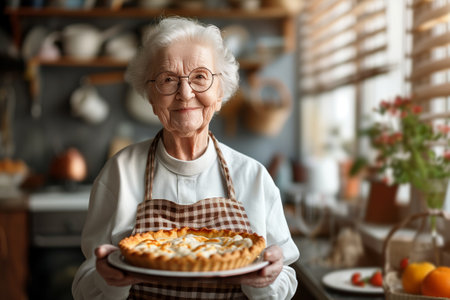 Happy cheerful senior woman holding freshly baked pie on her sunny kitchen. Grandma baking desserts for her grandchildren. Generative AI.の素材