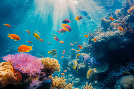 Colorful fish swimming in underwater coral reef landscape. Deep blue ocean with colorful fish and marine life. Generative AI.の素材