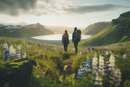 A couple of young hikers with heavy backpacks admiring scenic view of spectacular Icelandic nature. Breathtaking landscape of Iceland. Hiking by foot. Generative AI.の素材