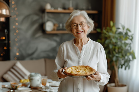 Happy cheerful senior woman holding freshly baked pie on her sunny kitchen. Grandma baking desserts for her grandchildren. Generative AI.の素材