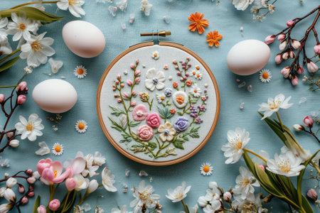 Flat lay postcard with a hoop with beautiful flowers embroidery, on a table, surrounded by colorful Easter eggs painted in different colors to celebrate Easter. Top down view. Generative AI.の素材
