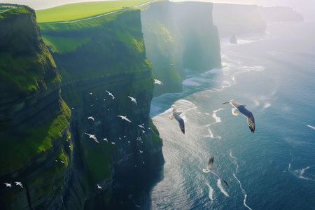 Seagulls flying above rough sea cliffs in scenic Irish landscape. Wild birds of west coast of Ireland, dramatic sunset. Generative AI.の素材
