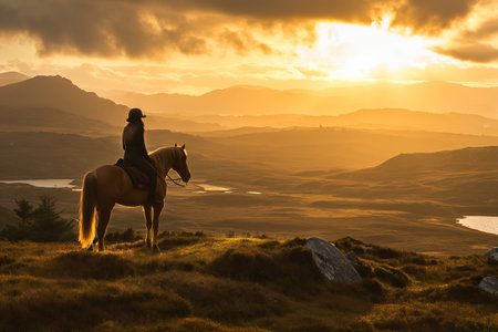 Person riding a horse in beautiful Irish landscape on dramatic sunset. Man admiring scenic view while on horseback riding tour in Connemara, on the west coast of Ireland. Generative AI.の素材