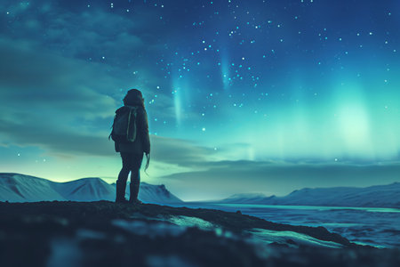 Silhouette of a hiker admiring the view of aurora borealis in beautiful Icelandic nature. Sky with stars and green polar lights. Northern lights. Generative AI.の素材