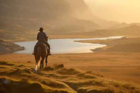Person riding a horse in beautiful Irish landscape on dramatic sunset. Man admiring scenic view while on horseback riding tour in Connemara, on the west coast of Ireland. Generative AI.の素材