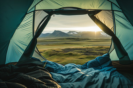 Beautiful sunrise view from the tent. Tourist admiring scenic morning landscape from inside the tent at campsite. Breathtaking Icelandic nature. Hiking by foot. Generative AI.の素材