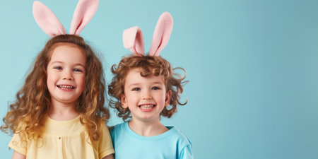 Funny happy children wearing bunny headbands on light blue background. Copy space. Generative AI.の素材