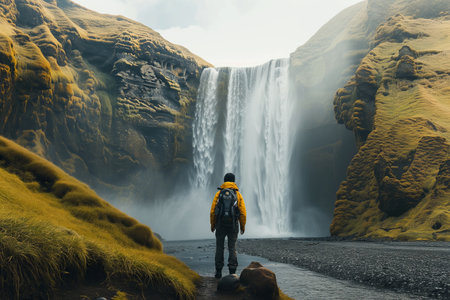 Male hiker with heavy backpack admiring scenic view of majestic waterfall. Breathtaking Icelandic nature. Hiking by foot. Generative AI.の素材