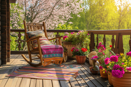 Cozy wooden terrace with rustic furniture, soft colorful pillows and blankets, rocking chair and flower pots. Charming sunny evening in summer garden. Generative AI.の素材