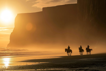 Group of people riding horses in beautiful Irish landscape on dramatic sunset. Tourists admiring scenic view while on horseback riding tour on a beach on the west coast of Ireland. Generative AI.の素材