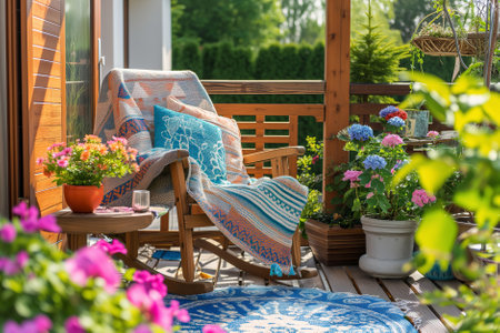 Cozy wooden terrace with rustic furniture, soft colorful pillows and blankets, rocking chair and flower pots. Charming sunny evening in summer garden. Generative AI.の素材
