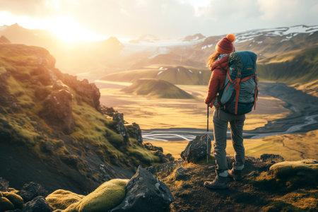Young hiker with heavy backpack admiring scenic view of spectacular Icelandic nature on a sunset. Breathtaking landscape of Iceland. Hiking by foot. Generative AI.の素材