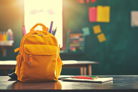 Yellow school backpack on a table in classroom on sunny morning. Back to school concept. Generative AI.の素材