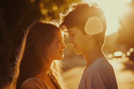 Young teen couple on their first date. Teenage boy and teenage girl celebrating Valentine's Day. Boyfriend and girlfriend spending time together outdoors. First love concept. Generative AI.の素材