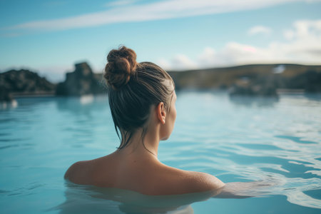 Young woman enjoying spa in hot springs in Iceland. Beautiful girl having fun in thermal bath on a backdrop of scenic Icelandic nature. Generative AI.の素材