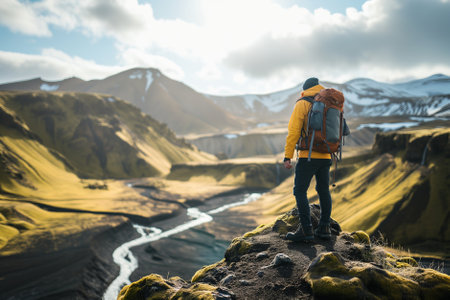 Young hiker with heavy backpack admiring scenic view of spectacular Icelandic nature on a sunset. Breathtaking landscape of Iceland. Hiking by foot. Generative AI.の素材