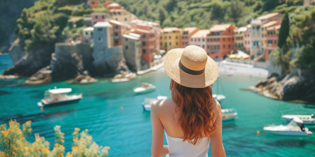Back view of beautiful young woman admiring scenery while visiting small southern European town on sunny summer day. Banner with young female travelling alone. Generative AI.の素材