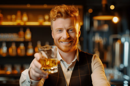 Handsome man holding a glass of strong alcoholic drink in traditional Irish distillery. Drinking alcoholic beverage. Production process of a variety of spirits. Generative AI.の素材