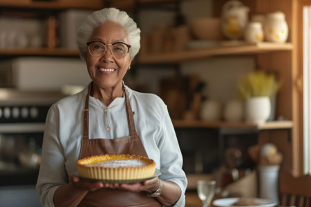 Happy cheerful senior woman holding freshly baked pie on her sunny kitchen. Grandma baking desserts for her grandchildren. Generative AI.の素材