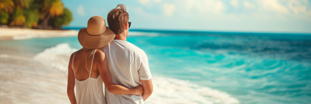 Back view of beautiful young couple admiring scenery while visiting exotic tropical island on sunny summer day. Banner with young man and woman travelling. Generative AI.の素材