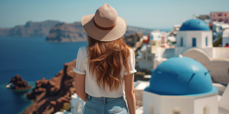 Back view of beautiful young woman admiring scenery while visiting small southern European town on sunny summer day. Banner with young female travelling alone. Generative AI.の素材