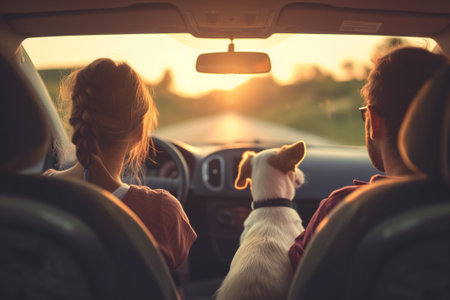 Couple of travelers and their dog going on a trip by a car. Adventurous young people with a pet. Hiking and trekking on a nature trail. Generative AI.の素材