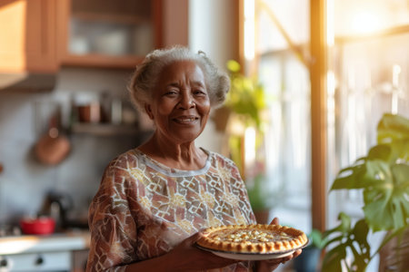 Happy cheerful senior woman holding freshly baked pie on her sunny kitchen. Grandma baking desserts for her grandchildren. Generative AI.の素材