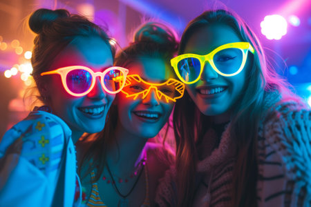 Cheerful young friends having fun at colorful rave party. Happy women enjoying themselves and dancing. Group of people at music concert. Generative AI.の素材