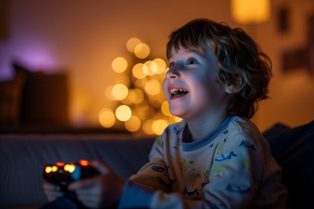 Cheerful child playing video game. Kid with remote controller. Boy in living room playing on the sofa. Gaming device. Indoor activity for school child. Generative AI.の素材