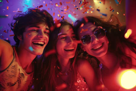 Cheerful young friends having fun at colorful rave party. Happy women enjoying themselves and dancing. Group of people at music concert. Generative AI.の素材