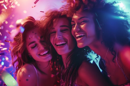 Cheerful young friends having fun at colorful rave party. Happy women enjoying themselves and dancing. Group of people at music concert. Generative AI.の素材
