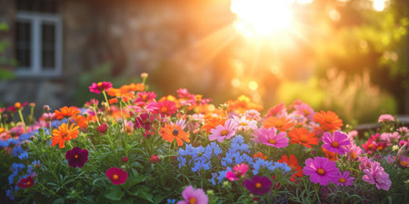 Assortment of colorful flowers blossoming in front of a big house. Generative AI.の素材