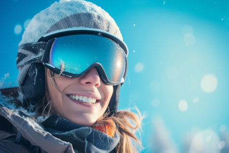 Happy young woman skiing in the Alps mountains. Female skier enjoying ski vacation in alpine resort. Healthy winter sport for every age. Generative AI.の素材