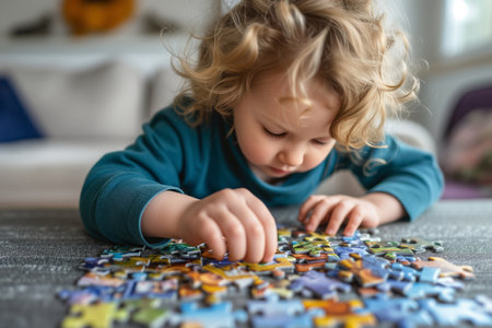 Little girl playing puzzles at home. Child connecting jigsaw puzzle pieces in a living room table. Kid assembling a jigsaw puzzle. Fun family leisure. Generative AI.の素材