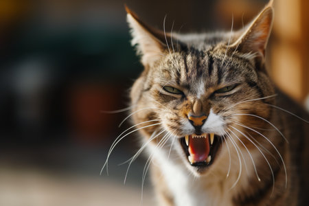 Angry tabby cat hissing in attempt to scare away an assaulter. Aggressive cat hisses with it's mouth open, showing fangs. Generative AI.の素材