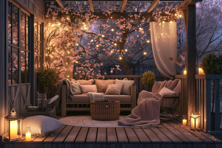 Cozy wooden terrace with rustic wooden furniture, soft pillows and blankets. Charming sunny night in spring garden with blossoming trees. Generative AI.の素材