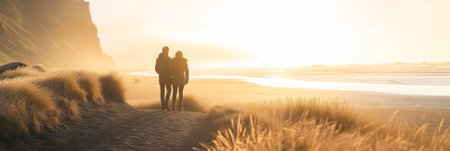 Back view of a couple of travelers admiring scenic view of spectacular Icelandic nature on a sunset. Breathtaking landscape of Iceland. Hiking by foot. Generative AI.の素材